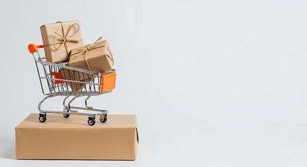 Mini Shopping Cart Filled with Eco-Friendly Brown Paper Packages; Online Retail Concept; Minimalist Style