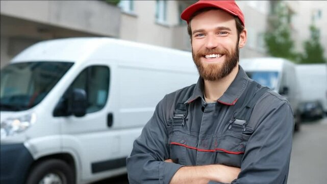 Delivering Smiles: A cheerful delivery person, standing confidently in front of a vehicle, a visual representation of a service-oriented profession and the joy of delivering goods.