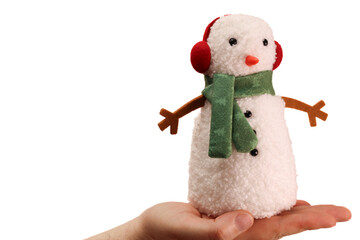 Cute Felt Snowman Toy with Green Scarf and Red Earmuffs on White Background
