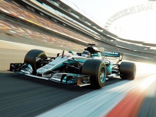A sleek racing car speeds down the track during a vibrant sunset. Spectators cheer from the stands as the engine roars, capturing the thrill of competitive motorsport.