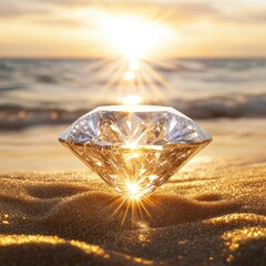A brilliant diamond rests on golden sand as the sun sets over the ocean. Light refracts through the crystal, creating dazzling reflections and an enchanting atmosphere.