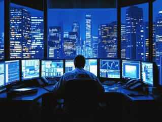 Financial analyst working late in a modern office overlooking the city