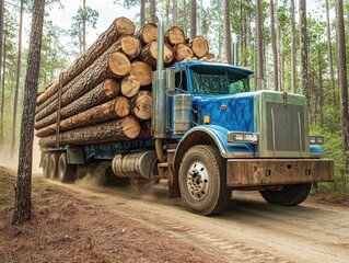 Large blue truck transporting logs through a forest road