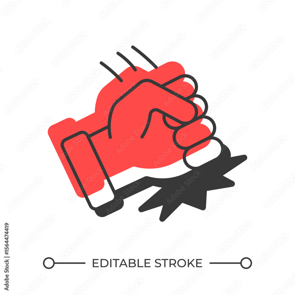 Poster fist of anger offset shadow line icon. aggression expression. threatening hand gesture. punching opp