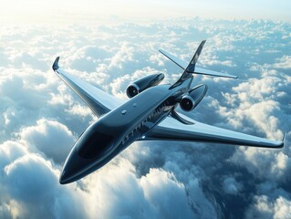 A sleek luxury jet flies high above fluffy clouds during sunset, showcasing its elegant design and powerful engines. The golden light enhances the aircraft's polished surface.