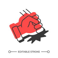Fist of anger offset shadow line icon. Aggression expression. Threatening hand gesture. Punching opponent. Bold outline symbol with solid red fill. Modern flat illustration. Editable stroke