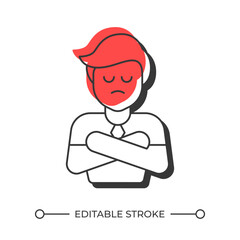 Frustrated businessman with crossed arms offset shadow line icon. Businessman expressing anger by body posture. Bold outline symbol with solid red fill. Modern flat illustration. Editable stroke