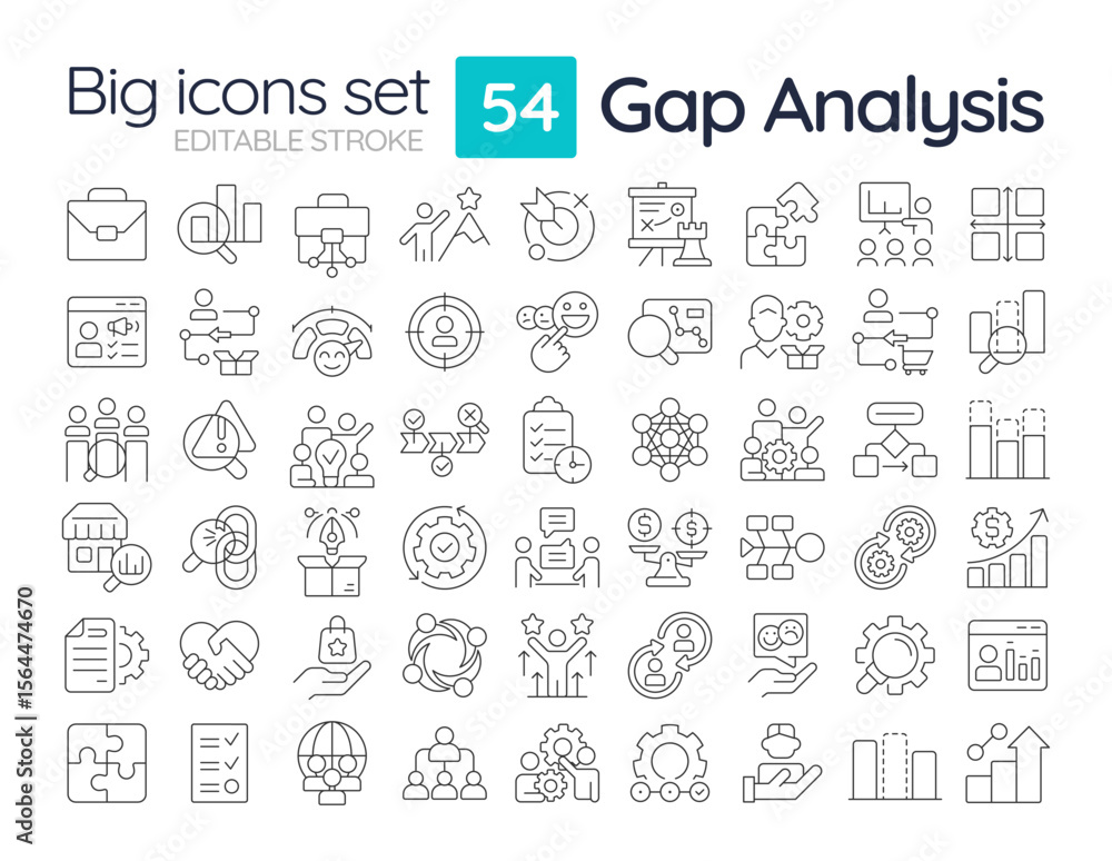 Aufkleber gap analysis line icons set. research difference between current and future performance. organizatio