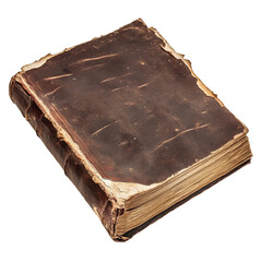 close-up of old worn out phone book lying open isolated white background, dark reddish brown textured leather cover and damaged frayed edges and yellowish pages, side [Transparent Background PNG].
