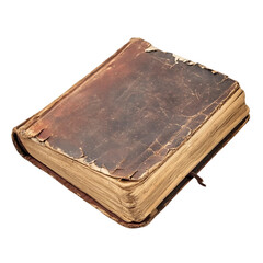 close-up of old worn out phone book lying open isolated white background, dark reddish brown textured leather cover and damaged frayed edges and yellowish pages, side [Transparent Background PNG].