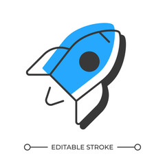 Flying rocket offset shadow line icon. Spaceship boosting to explore cosmos. Startup launching strategy. Bold outline symbol with solid blue fill. Modern flat illustration. Editable stroke