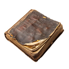 close-up of old worn out phone book lying open isolated white background, dark reddish brown textured leather cover and damaged frayed edges and yellowish pages, side [Transparent Background PNG].