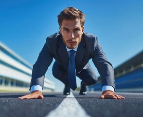 Businessman prepares to race on a track while wearing formal attire