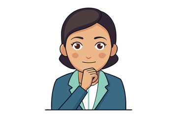 A thoughtful cartoon woman with dark hair wearing a blue suit and light teal shirt rests her chin on her hand