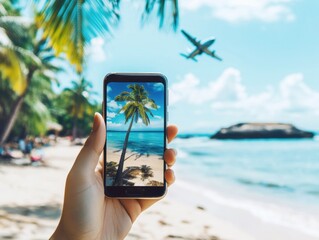 A person holds a smartphone displaying a tropical beach while an airplane flies overhead. Lush palm trees and soft waves create a serene, sunny atmosphere perfect for relaxation.
