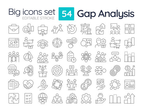 Gap analysis line icons set. Research difference between current and future performance. Organization change. Isolated vector outline illustrations. Thin lineart iconset symbols. Editable stroke