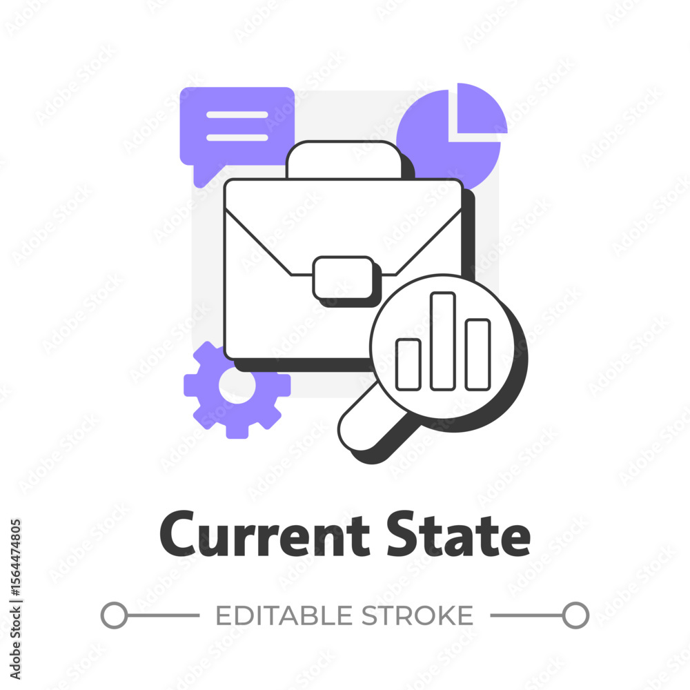 Poster current state flat outline concept icon. collecting data about present condition problems. stage of 