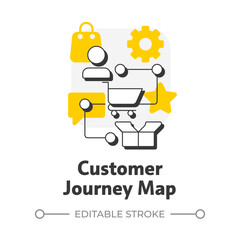 Customer journey map flat outline concept icon. Visual representation of entire experience. Gap analysis tool. Modern line illustration with yellow glyphs. Conceptual visual. Easy to edit