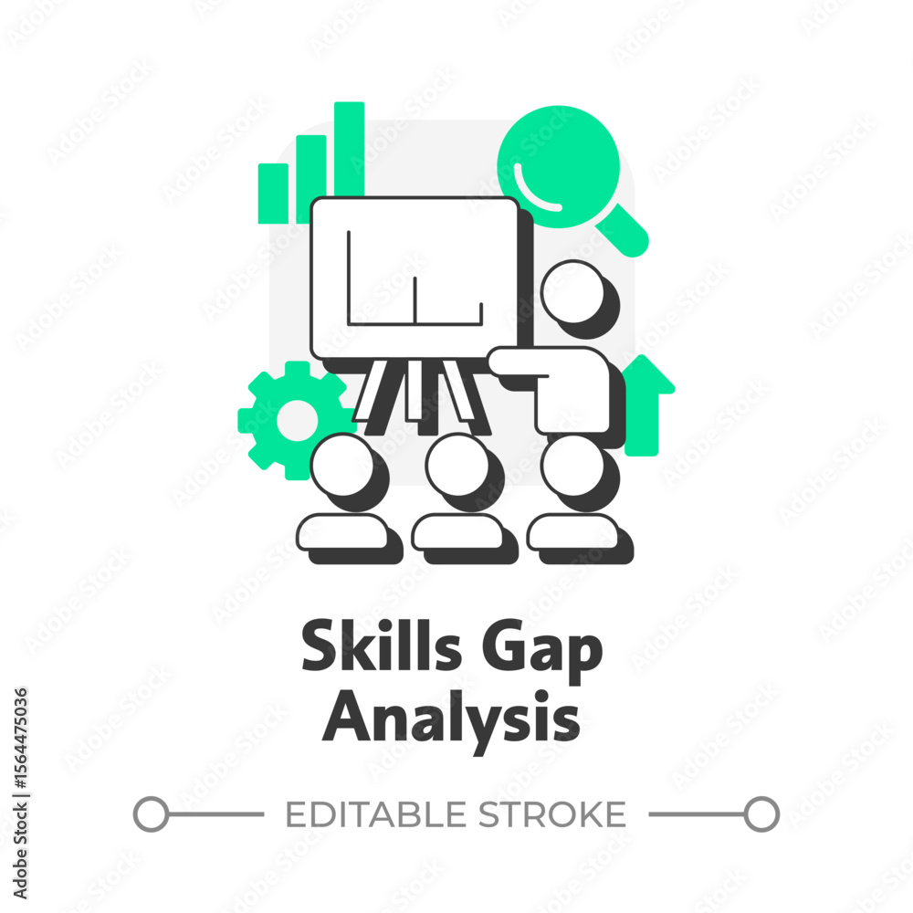 Poster skills gap analysis flat outline concept icon. hr teams aligning talent strategies. organization dev