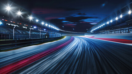 Fototapeta premium Speeding race track at night under stadium lights with dramatic sky