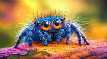 A cute blue spider basking on a colorful leaf.