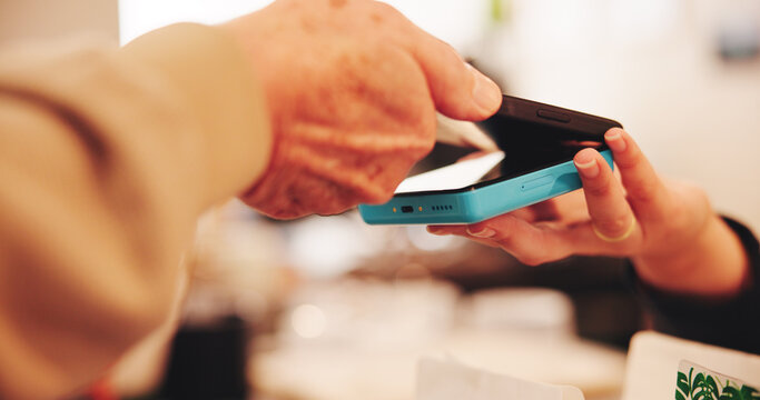 Hands, phone and pos at cafe for payment with fintech, tips or bills for catering services at diner. Old person, customer experience and cashier with machine, app or tap for discount at restaurant