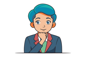 A cheerful cartoon character with vibrant blue hair and a professional suit resting their chin on their hand with a thoughtful expression