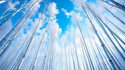 Looking Up at Winter Forest with Tall Bare Trees and Blue Sky