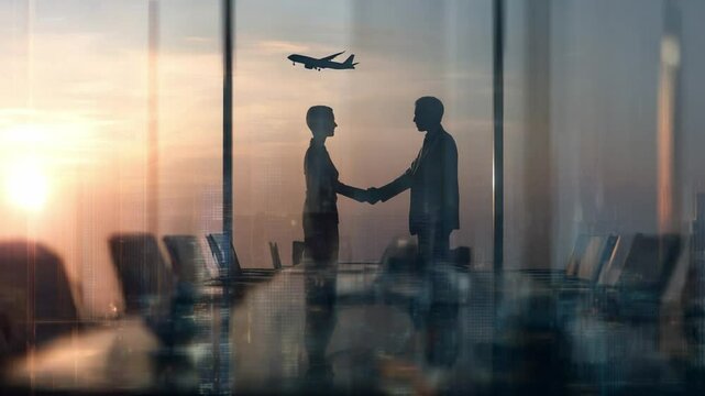 Business Deal in the Air: A silhouette captures a moment of connection during the finalization of a deal, set against an elegant and bright sky.