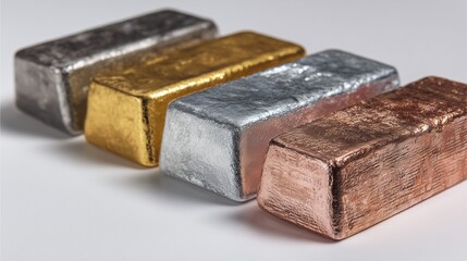 Precious Metals: Four shiny precious metal bars including silver, gold, aluminum, and bronze sit in a neat row under bright lighting, reflecting their metallic shine and inherent value.