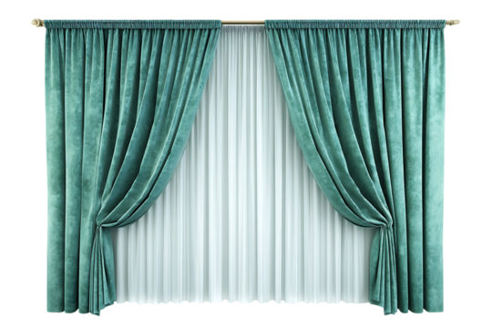 Elegant teal velvet curtains with sheer drapes.