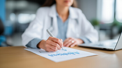 Female wellness professional analyzing health data and statistics at workplace desk