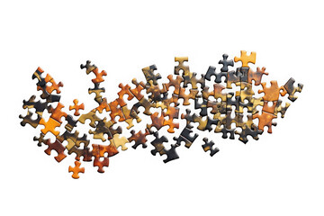 Scattered jigsaw puzzle pieces illustration, game concept, abstract design, colorful puzzle elements, puzzles isolated on transparent background