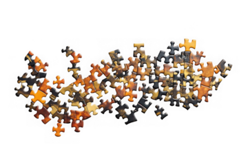 Scattered jigsaw puzzle pieces illustration, game concept, abstract design, colorful puzzle elements, puzzles isolated on transparent background