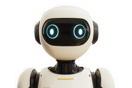 Futuristic white robot with glowing blue eyes, ai assistant, digital companion, technology concept, isolated on transparent background