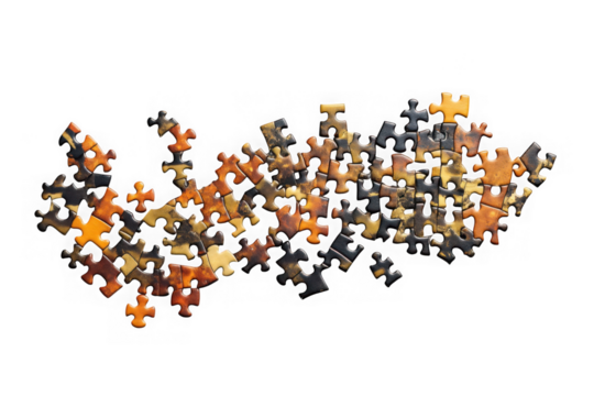 Scattered jigsaw puzzle pieces illustration, game concept, abstract design, colorful puzzle elements, puzzles isolated on transparent background