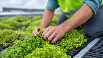Agricultural worker in safety vest harvesting fresh leafy greens in sustainable greenhouse