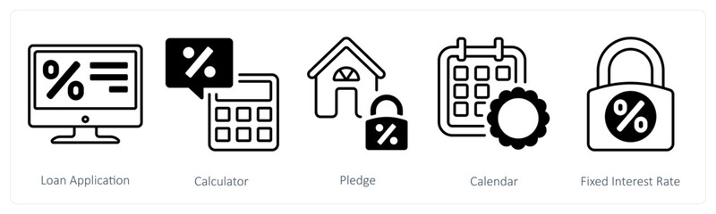 A set of 5 mix icons as loan application, calculator, pledge