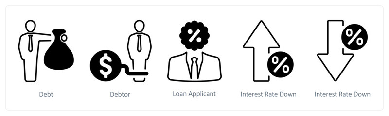 A set of 5 mix icons as debt, debtor, loan applicant