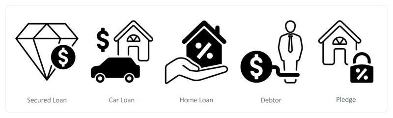 A set of 5 mix icons as secured loan, car loan, home loan