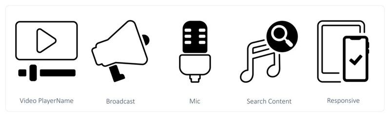 A set of 5 mix icons as video player name, broadcast, mic
