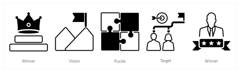 A set of 5 mix icons as winner, vision, puzzle