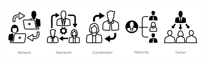 A set of 5 mix icons as network, teamwork, coordination