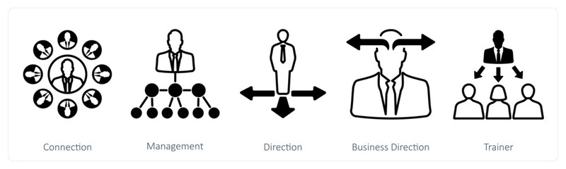 A set of 5 mix icons as connection, management, direction