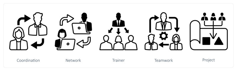 A set of 5 mix icons as coordination, network, trainer