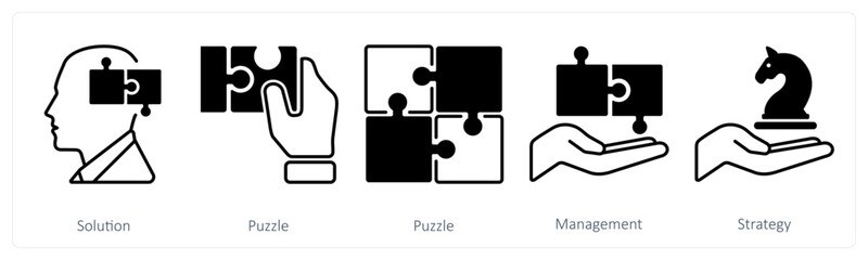 A set of 5 mix icons as solution, puzzle, management