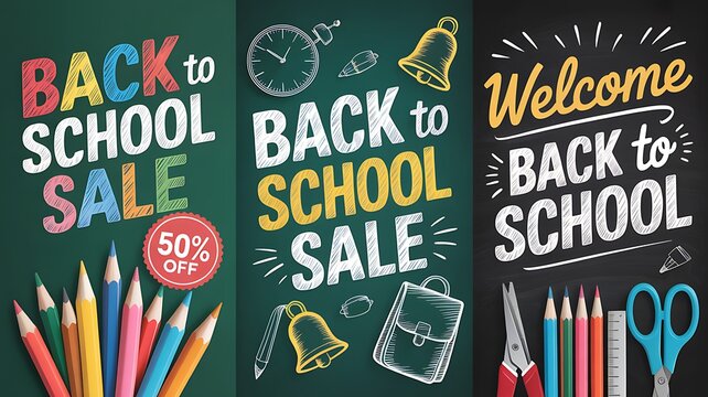 Set of back to school sale poster designs with colorful text, chalkboard backgrounds, and educational doodle elements