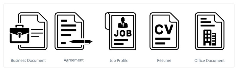 A set of 5 mix icons as business document, agreement, job profile