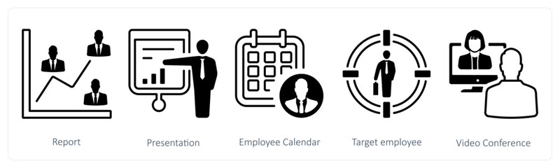 A set of 5 mix icons as report, presentation, employee calendar