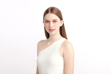 A beautiful young woman with clean, fresh skin against a white background. Skincare, facial...